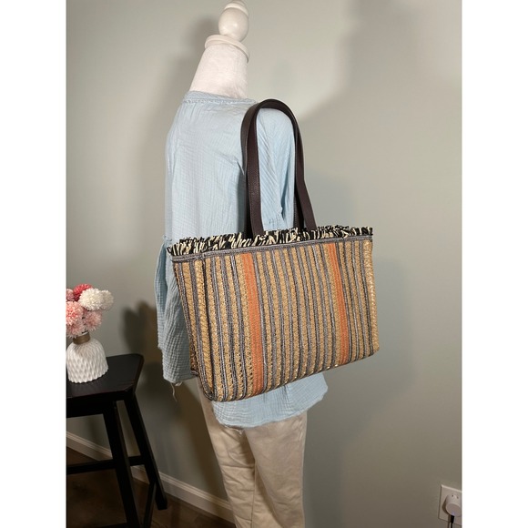 J Jill Raffia Stripe Straw Tote Bag Fringe Trim Leather Handle Blue Lined Purse - Picture 1 of 12